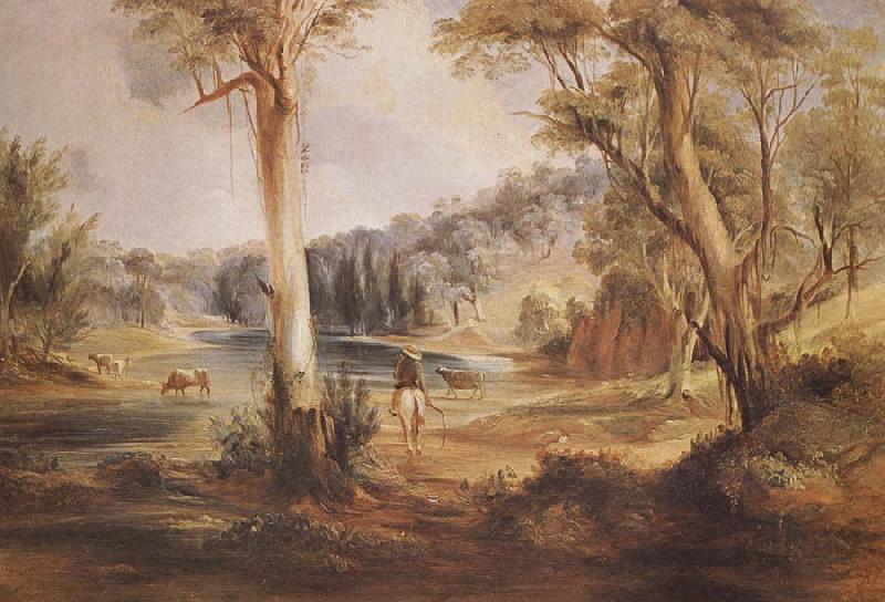 Conrad Martens Australian Landscape with cattle and a stockman at a creek